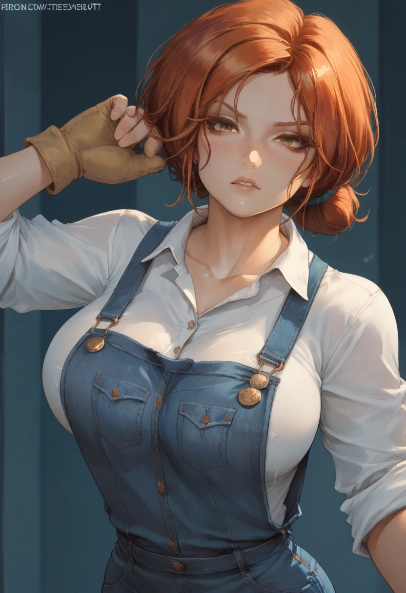 8k,master part, quality bset,Big, (1 girl), triss marigold, green_eye, orange hair, short hair, professional lighting, ( shiny skin: 1.2), large bright, (( best quality )),  sharp focus: 1.2, Highly detailed face and skin texture,  detailed eyes ,  perfect face ,  perfect body, blur art, CG, Background Story,  Big breasts , Presence (20 years, mature face, fresh and beautiful), wearing blue jean overalls, wearing overalls, Blush, (Mittgal), randome pose, Top view, eye perfeito, angry face,  style Sakimichan art 