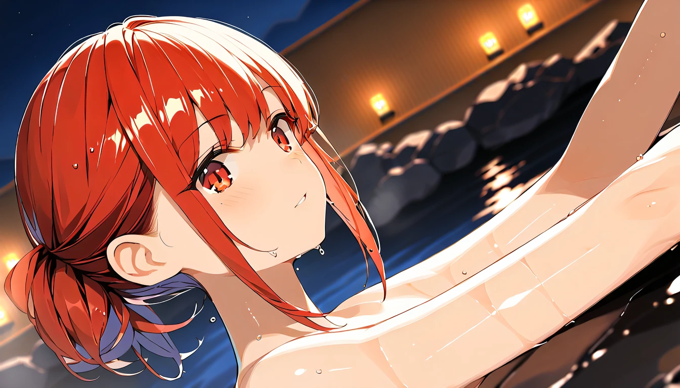 (best quality, masterpiece:1.2), full-body, red short-haired girl, night, moon, frontal view, blue eyes, naked, without clothes, large breasts. masturbacion, muchas persona.