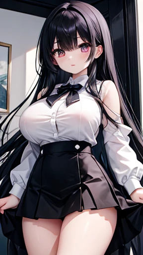 Long black hair that reaches the waist,Lilac eyes,Thin hair curtain,Two hair curtains on both sides,dishiveredhair,chiquita,Black sailor uniform school uniform,huge tit,White skin of the,with hands behind her back,light smile,black lence stockings,Whole body diagram,Eye highlights,In school