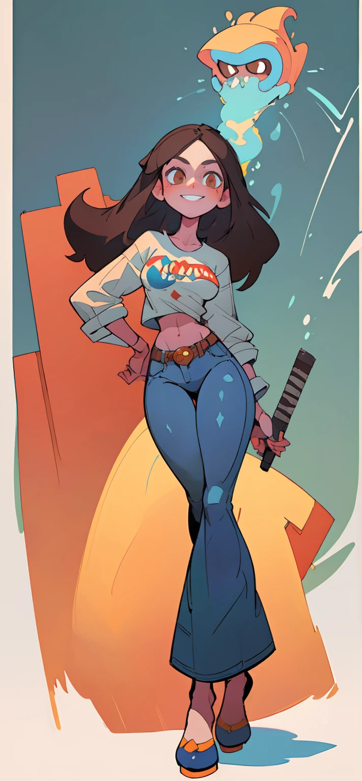 1 woman, long brunette hair, brown eyes, white shirt, blue flare jeans, thong, full body, sly face, smile, big, full body, stand on hips..., wall on road, concept art, artstation, digital painting, line art