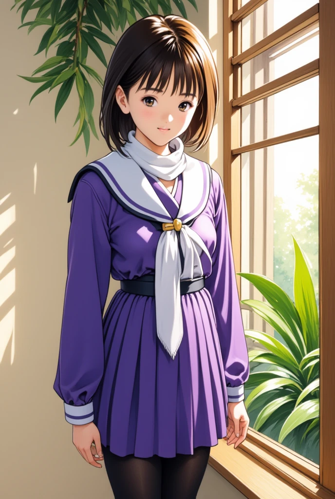  Yoshizuki Iori, A young Japanese woman is standing near an indoor window . The woman has white skin, big, expressive brown eyes ,Up to the shoulder, straight brown hair with bangs .  She is wearing a traditional Japanese high school uniform , known as sailor suits , Long Sleeve , a purple blouse with a white collar and a white sailor collar , pleated skirt of the same color .  Her outfit also includes a white scarf wrapped around her neck ,Thigh-high black stockings.,
 The background depicts a wooden window frame with horizontal slats and 、, that illuminates the room , casts soft shadows and captures 、 while sunlight shines in . Outside the window,green々 、,Calm,Natural setting.  The interior walls are painted light beige ,  is a dance studio setting  .  The overall composition is vivid and , x} A mix of soft lighting and sharp lighting , emphasizes the texture and detail of the subject's clothing and surrounding environment.  This illustration is innocent and young 々 charm ,You can see green leaves that are typical of anime art .,
