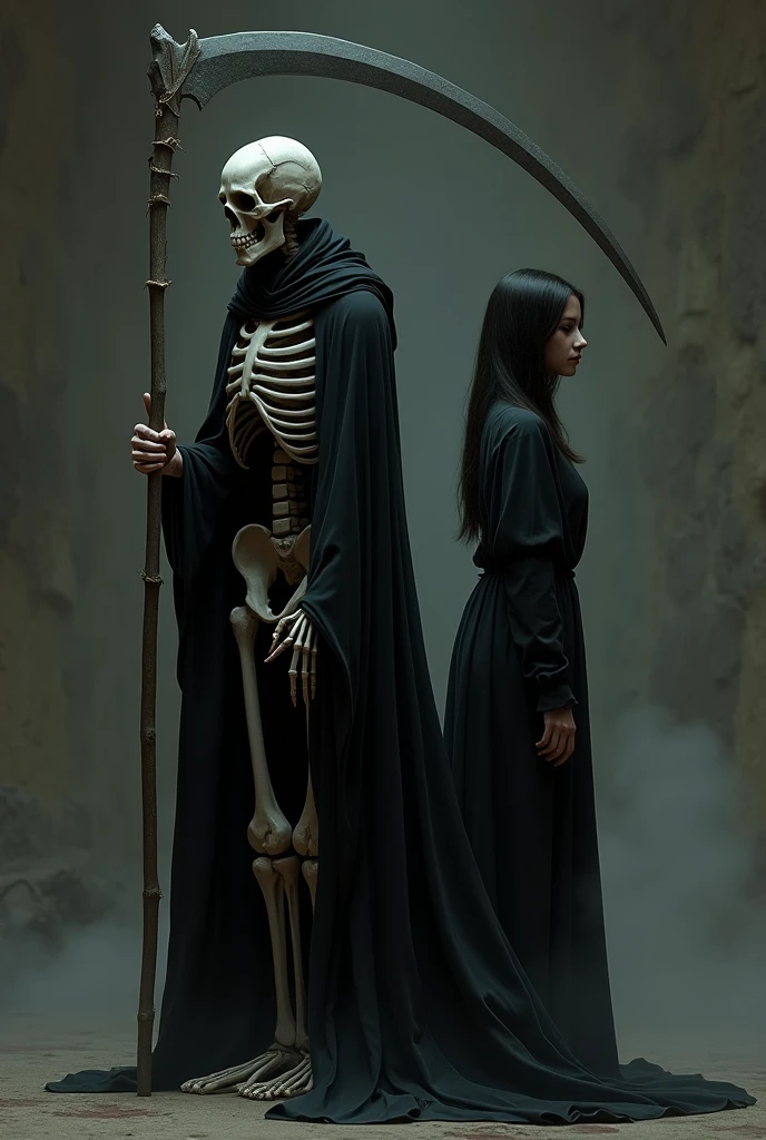 (((grim Reaper)))、young woman、cute、Jet black robe、sexy、(((He carries a scythe as big as he is.)))、grim Reaperの鎌、Death Scythe、Bone Jewelry、Background dark forest、(best quality,4K,8k,highres,masterpiece:1.2),ultra-detailed,(realistic,photorealistic,photo-realistic:1.37),HDR,uhd,studio lighting,ultra-fine painting,sharp focus,physically-based rendering,extreme detail description,professional,vivid colors,bokeh,cinematic lighting,dramatic shadow,