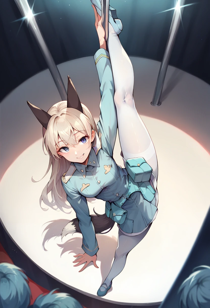 ctianelia,
light blue uniform, cyan belt pouch, white pantyhose,
fox ears, fox tail, fox girl, 
stage , pole dance , standing split , from above , seductive smile