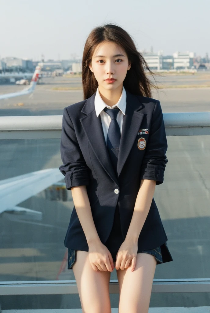  top quality , masterpiece, 8k,   Ultra-high definition , (  Photorealistic: 1.4),   1 girl,    beautiful face,     Symmetry Eyes  , big, Perfect physique, Japanese Self-Defense Officer Uniform  ,   Navy Blue Necktie,airport, viewers&#39;sight, (In-flight: 1.2), Front View, Shoulder jump,    absolute domain   (1.3),(   best quality pictures),  depth of field,(   hyperrealism  ),Brown Hair