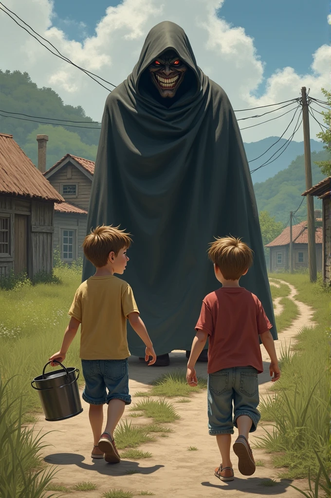 a nun with a demon face running after a boy in blue clothes and the boy's mother running away from the nun a black man in a white suit white hat with red line standing in front of the scary nun an abandoned house in the background