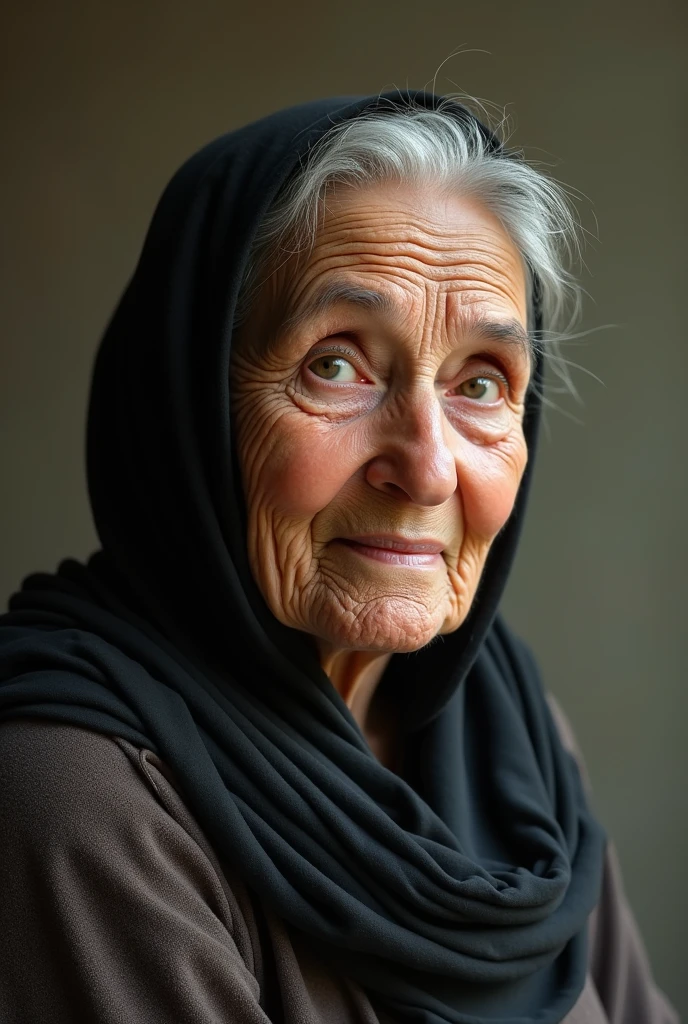 Bbw Arab veiled grandmother sitting on the floor and looking at the photographer