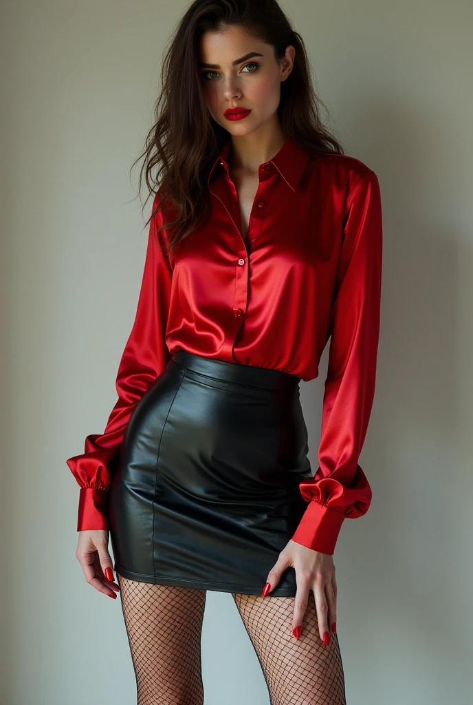 Foto hiperrealista en primer plano de Emily Sears , masterpiece, best quality, (photorealistic:1.4), full body, wear in red1 (red1 luxury long button upp shirt :1.1), (red1 luxury pencil skirt:1.2) living room, cinematic light, beautiful woman, skinny, large breastsr, straight hair, detailed face, smile, photo taken from a distance