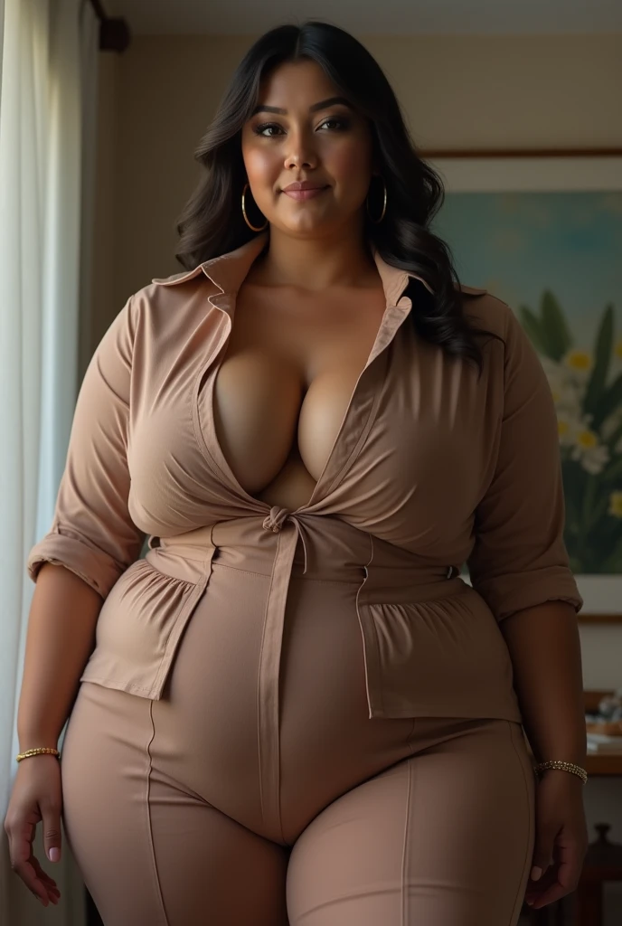 UHD, ultra high resolution, photo realistic 1.4. A happy beautiful glamorous young African american lady who is 26. She has long straight brown hair, Carmel brown skin. She has light brown eyes. Her body is chubby, curvy, with a plus size body. She in a business office. She is wearing a business dress.