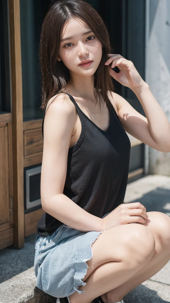 ((Best picture quality, 8K, tmasterpiece:1.3)), 1girll, Casual hairstyle, （off-shoulder blouse，Short pleated skirt：1.3）,（wet see through clothes：1.4），Ultra-fine face, A detailed eye, 二重まぶた，（long leges：1.4），（athletic sneakers：1.3）Erlang legs，Sit sideways on a high platform