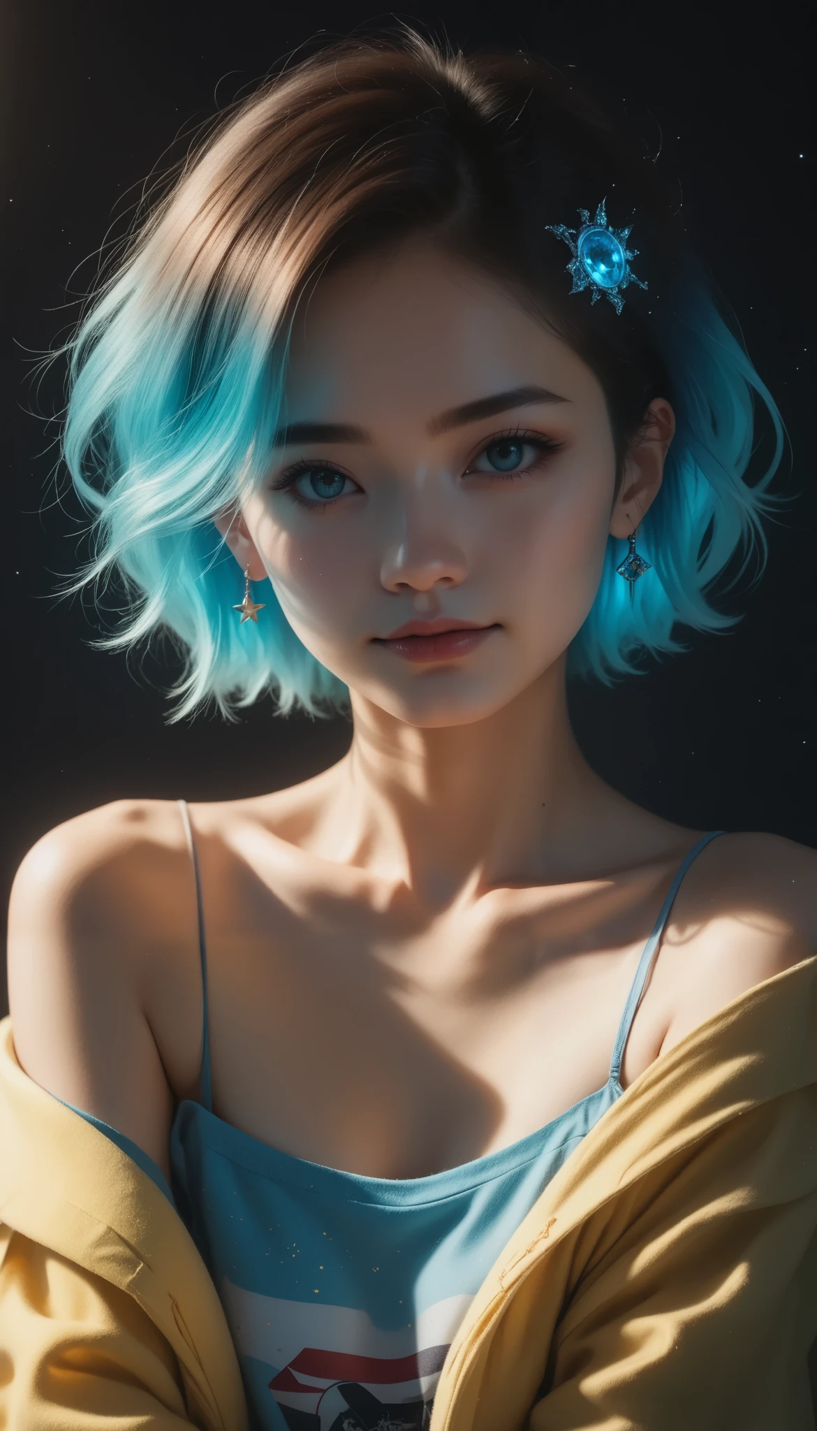 ( top quality, masterpiece:1.2,  Ultra A High Resolution,  realistic :1.5),  RAW photos , Japanese、One Japanese girl,  very cute、r、 off shoulder ,  in the dark , Deep Shadow,  Low Key Lighting, Cool tones,  seductive gaze ,  short hair,  Misty Atmosphere,  mystical atmosphere,  Subtle Highlights ,  Dramatic Contrast,   elegant poses , Intense emotions, celestial beauty, Fascinating Darkness,  seductive expression 
