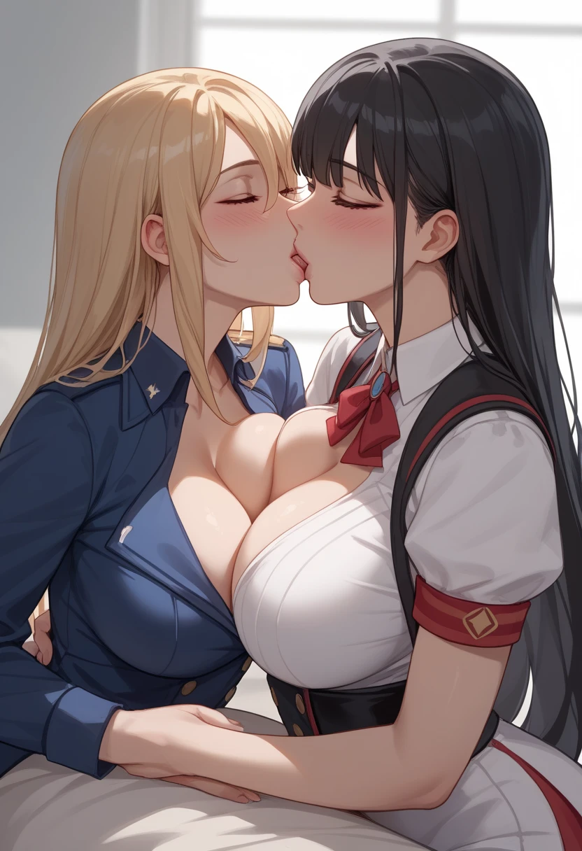  two women butting their breasts、Woman on the left( black hair、 long straight hair、Big Breasts、Cool look、white vertical knit、Kissing a man's cheek )、Woman on the right(Blonde、 long straight hair、Big Breasts、 gal、uniform、Kissing a man's cheek )、 1 man(Place your chin on top of your breasts 、 face forward、 get your face pinched in a woman's face 、Image center、Don&#39;t draw faces、 black hair)