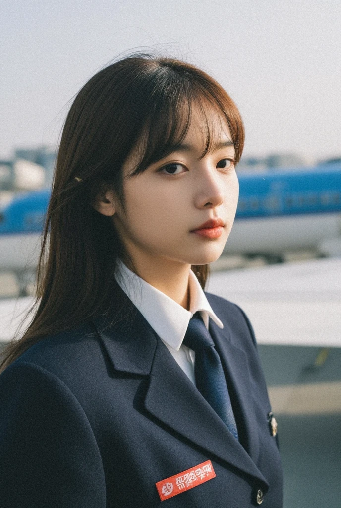 top quality , masterpiece, 8k, Ultra-high definition , (  Photorealistic: 1.4),  1 girl,  beautiful face,  Symmetry Eyes , big, Perfect physique, Japanese Self-Defense Officer  ,  Navy Blue Necktie, Navy Blue Tight Skirt,airport, viewers&#39;sight, (In-flight: 1.2), Front View, Shoulder jump,  absolute domain  (1.3),(  best quality pictures),  depth of field,(  hyperrealism  ),Brown Hair