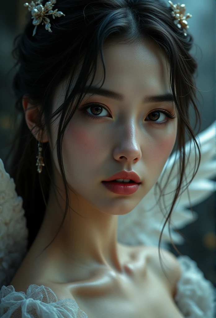 Beauty angel, in the hell, korean face, detailed face angel, close up pose