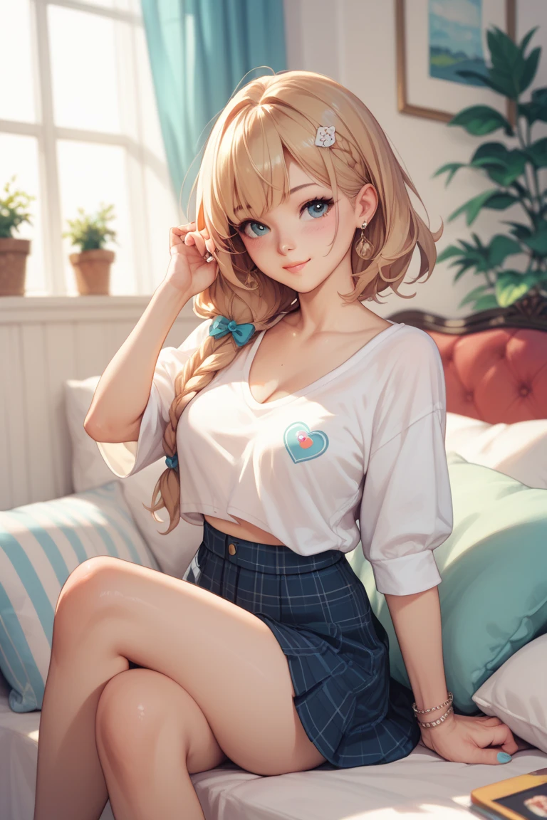 (masterpiece),(top-quality:1.2),1girl in,(masuter piece:1.3),exquisitedetails, Highest quality 8K resolution, Ultra-detailed, Realistic, Vibrant colors, Soft tones, With warm and gentle lighting, A woman standing in a room wearing a skirt and sweater, designed for cozy aesthetics, wide skirt, Styling, With short hair, simple style, Beige, 2 0, Dynamic!!, Cute:2, F / 2 0, Roots and hay coat, lookbook, Vivid), 9, jimin, ( Side ) profile (Smooth straight blonde hair:1.2),(Hair parted in the middle:1.3),(Glowing hair),(Dark blue eyes:1.3),(Hands close to the face:1.4),White skin, hair clips,Small necklace,A gentle feeling overflows,The sun's rays illuminate joy and pure love, Warm golden glow,The atmosphere is full of happiness and laughter, As if celebrating love,Ultra-detailed depiction and vivid colors,A style that combines romanticism and realism,depth of love,color palettes,Create an ethereal atmosphere like a dream,Lighting is soft and diffused,masterpiece artwork