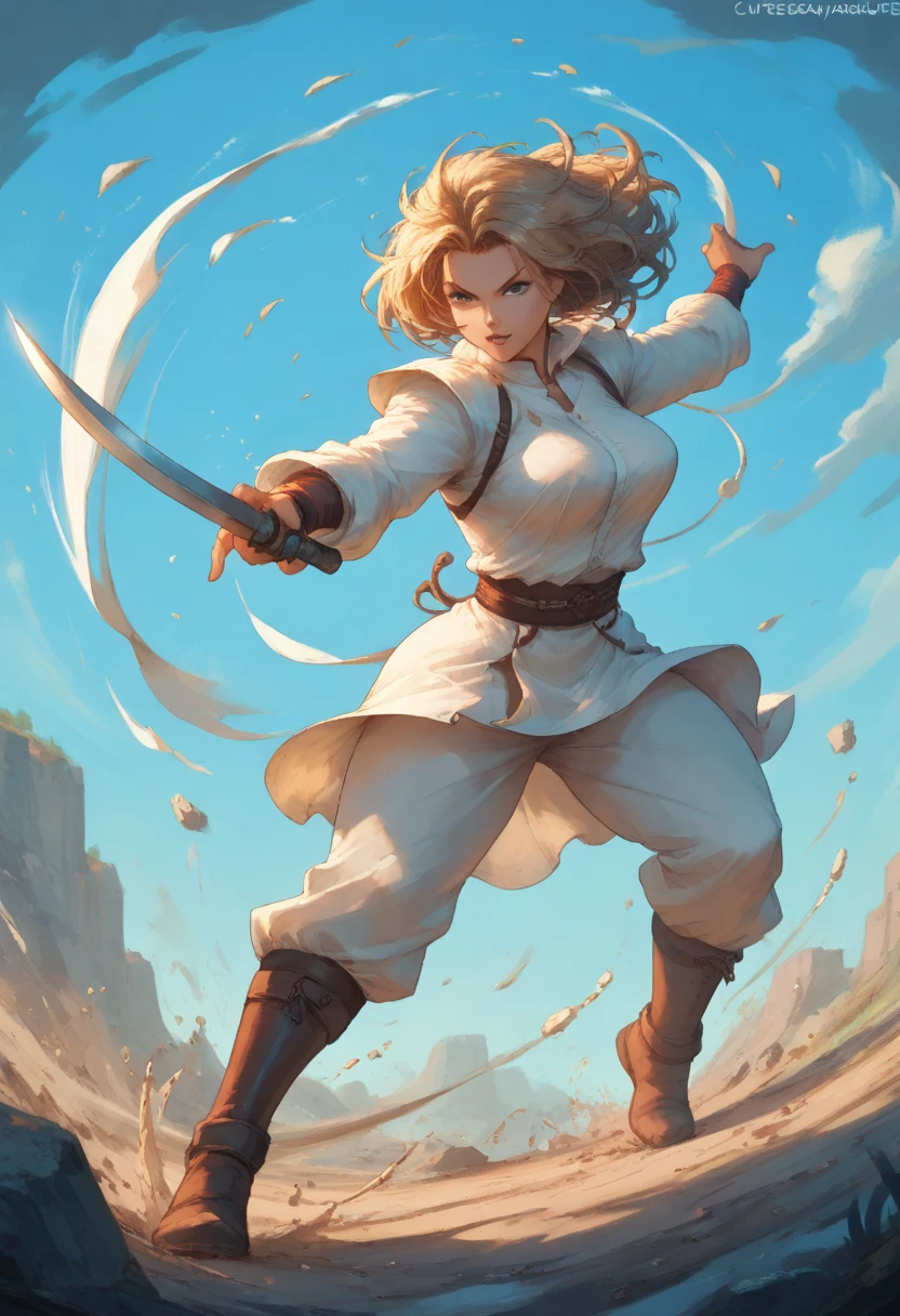 woman fighting, strong,  wearing a sword , warrior, hair in the wind, large breasts