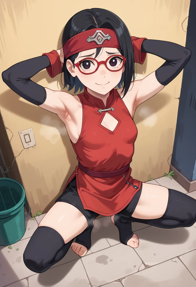 score_9, score_8_アップ, score_7_アップ, 1 girl,from above,nsfw,hughres,short hair,red frame glasses,dark eyes,black hair,worried expression ,smile，headband, red sleeveless dress, detached sleeves, shorts, thighhighs, toeless shoes ,small breasts In a dimly lit alley,,Armpit,Armpit wrinkles,Armpit smell,Armpit juice, raise your arms ,stretch,pubic hair, underhair, nudes, squats,,