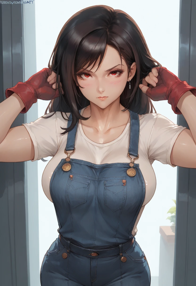 8k,master part, quality bset,Big, (1 girl), tifa,long hair red_eye, black hair, short hair, professional lighting, ( shiny skin: 1.2), large bright, (( best quality )), sharp focus: 1.2, Highly detailed face and skin texture, detailed eyes , perfect face , perfect body, blur art, CG, Background Story, Big breasts , Presence (30 years, mature face, fresh and beautiful), wearing blue jean overalls, wearing overalls, Blush, (Mittgal), randome pose, Top view, eye perfeito, angry face,