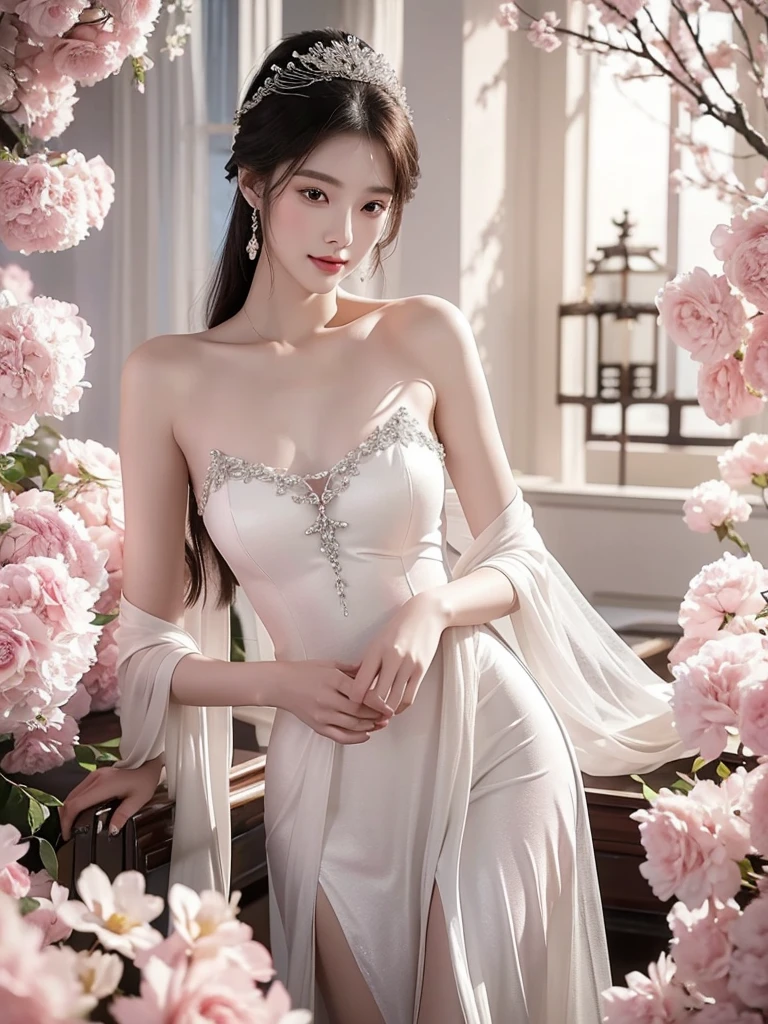 there is a woman in a white dress posing for a picture, flowing white robes, wearing white silk robe, inspired by Yun Du-seo, a beautiful woman in white, stunning elegant pose, beautiful south korean woman, elegant lady with alabaster skin, elegant seducing pose, draped in transparent cloth, gorgeous chinese model, beautiful young korean woman, long flowing white robe