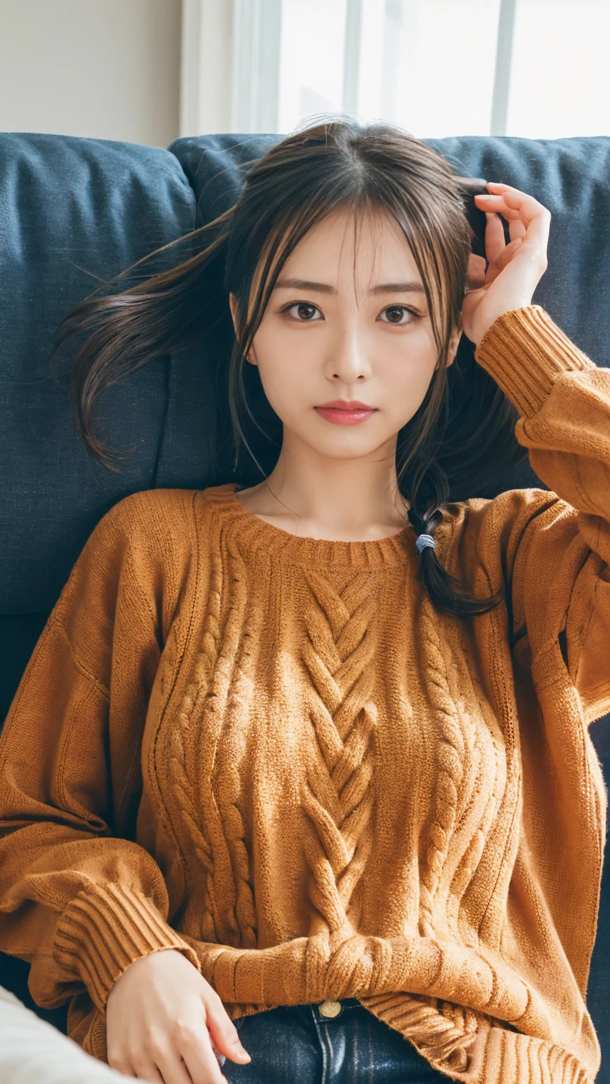 (((masutepiece:1.4, Best Quality)), (1girl in), (Perfect Anatomy), BREAK,  Cute Girl, (hair messy), (Light orange eyes), Small breasts, facing,Short knitwear、