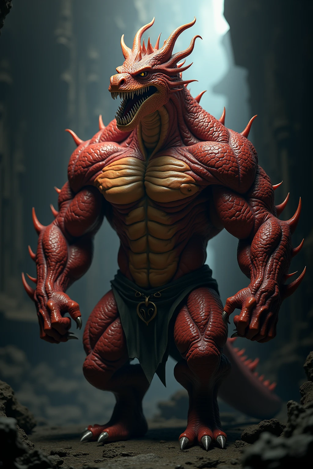 Orange, slightly obese dragon body、Orange eagle face、Bird-shaped beak、Sharp, beak-like mouth、orange beak、Dragon in ethnic clothing、A shaggy scarlet mane、A lot of horns、Abdomen wrapped in white bandage、very small face、Crocodile-like scales、abnormally large muscles throughout the body、Beautiful and well-developed abuscles like a bodybuilder、Abnormally large pectoral muscles、Very long black pubic hair、Very long armpit hair、drunken look、Reddish face、thick tongue、A very large amount of drool coming out of the mouth、sharp fangs、Composition looking down from above、thick tail、campfire background、Pose with hips thrusting forward、Chest-back pose、Wide-legged pose、A huge bulge in the crotch loincloth、White loincloth between the legs、Dragon&#39;s claws、sharp nails