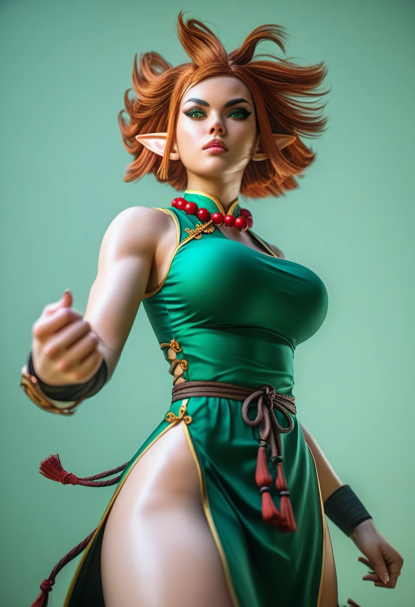 a beautiful girl with orange hair, green outfit, brown pants, (sexy,seductive,erotic pose:1.2),(highly detailed,hyper realistic,extremely detailed:1.4),(photorealistic,cinematic lighting,dramatic lighting:1.3),masterpiece,8k,nsfw,adult content,sexual content,explicit