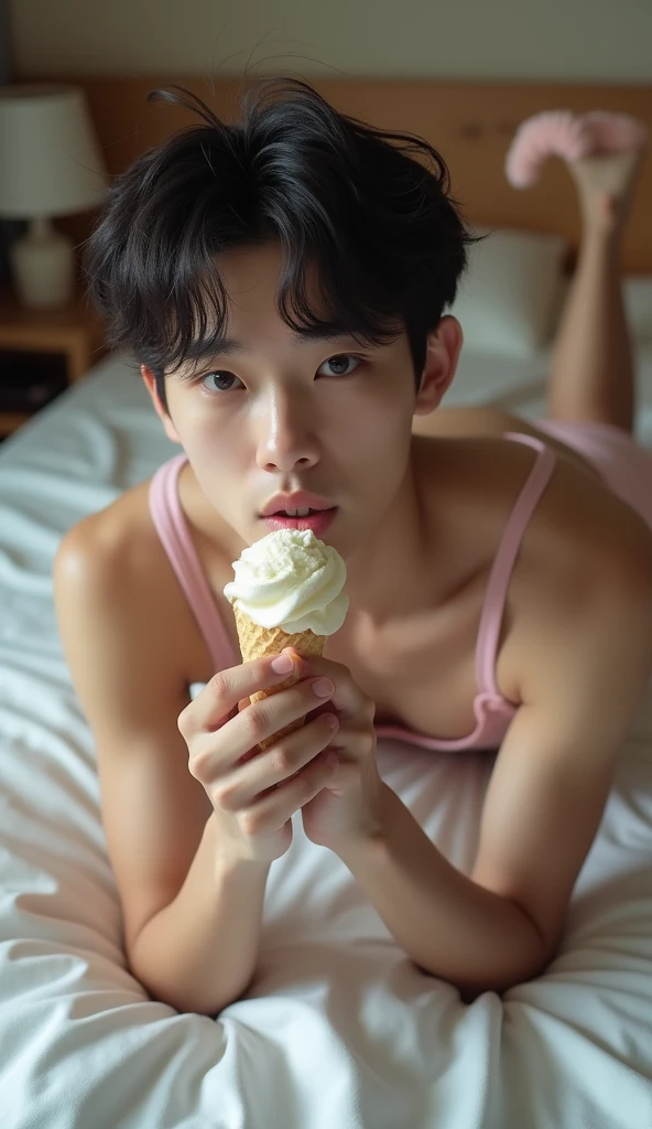 beautiful korean boy hoodie and underwear, sitting on chair, spreading legs, licking ice cream