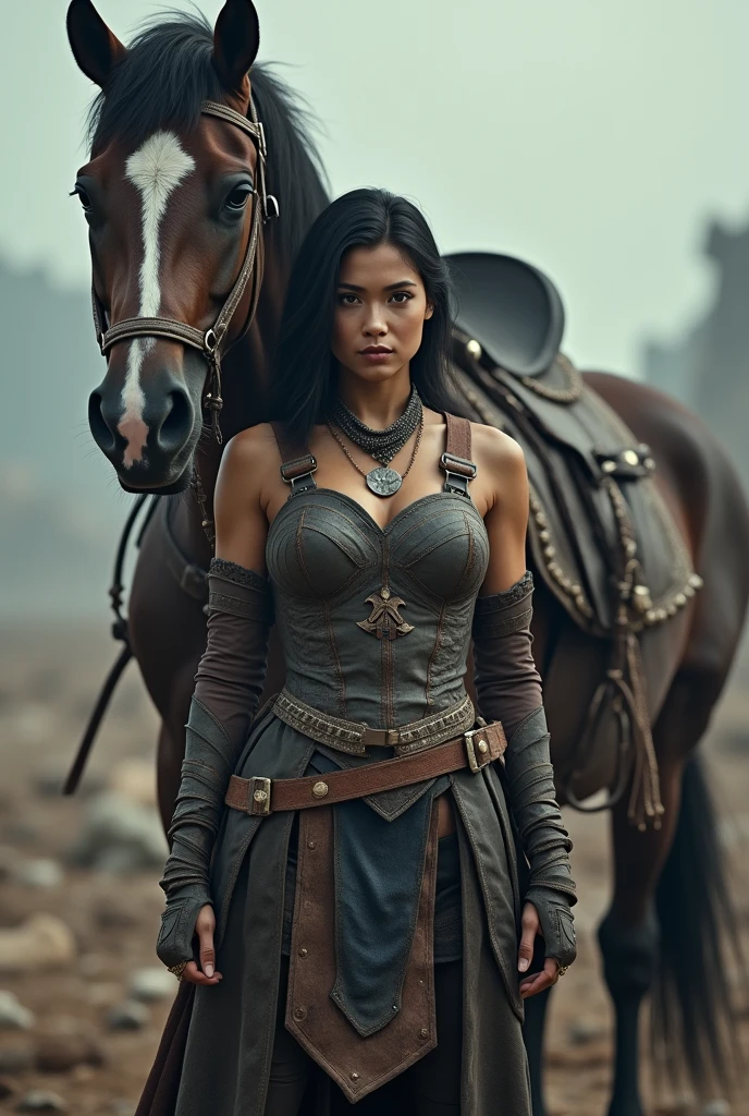 Portrait of a warrior woman standing in front of a horse, Assassin's Game'Assassin's Creed, realistic photo, post apocalipsis