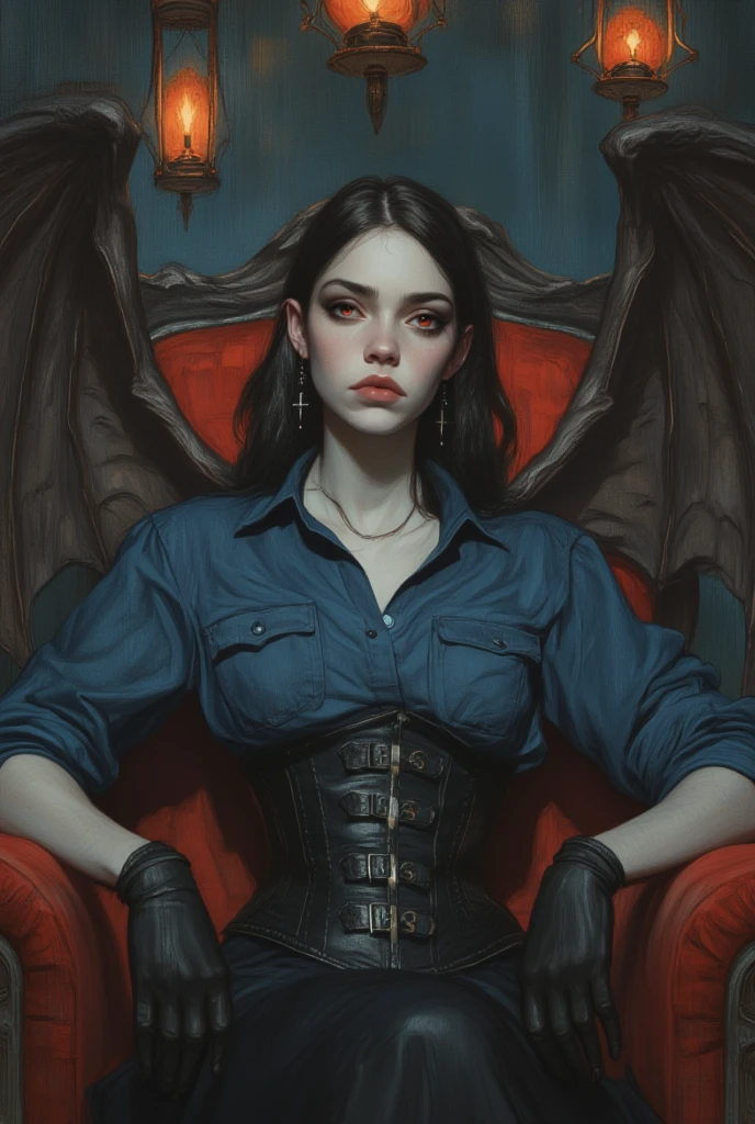 A highly detailed digital illustration, HD, 8K quality, ultra-detailed, masterpiece artwork, depicts a young woman exuding dark, gothic elegance, her pale skin and sleek black hair framing piercing red eyes that glow with demonic intensity. She wears a vivid blue button-up shirt with puffed sleeves, tightly cinched at the waist by a black leather corset adorned with intricate straps and buckles, adding a daring, fetishistic allure to her ensemble. Black leather gloves and large black cross earrings enhance her edgy aesthetic. She sits with commanding poise on a plush, red high-backed chair, its velvety texture and bold color providing a stark contrast to her dark attire. Her pose is regal, her expression one of confidence and power. Behind her, immense bat-like wings, gleaming with a metallic sheen, spread outward, their surface reflecting the dim, ambient light. The background is a dark navy blue, adding depth and mystery, while five hanging lanterns cast a warm, dim orange glow, their light flickering softly and creating ethereal highlights that dance across the scene. Shadows and subtle lighting meticulously emphasize the glossy textures of her corset, gloves, and wings, blending with the lanterns' glow to craft an ominous yet captivating atmosphere. A stunning interplay of gothic beauty and supernatural menace, this artwork captures the essence of dark elegance.