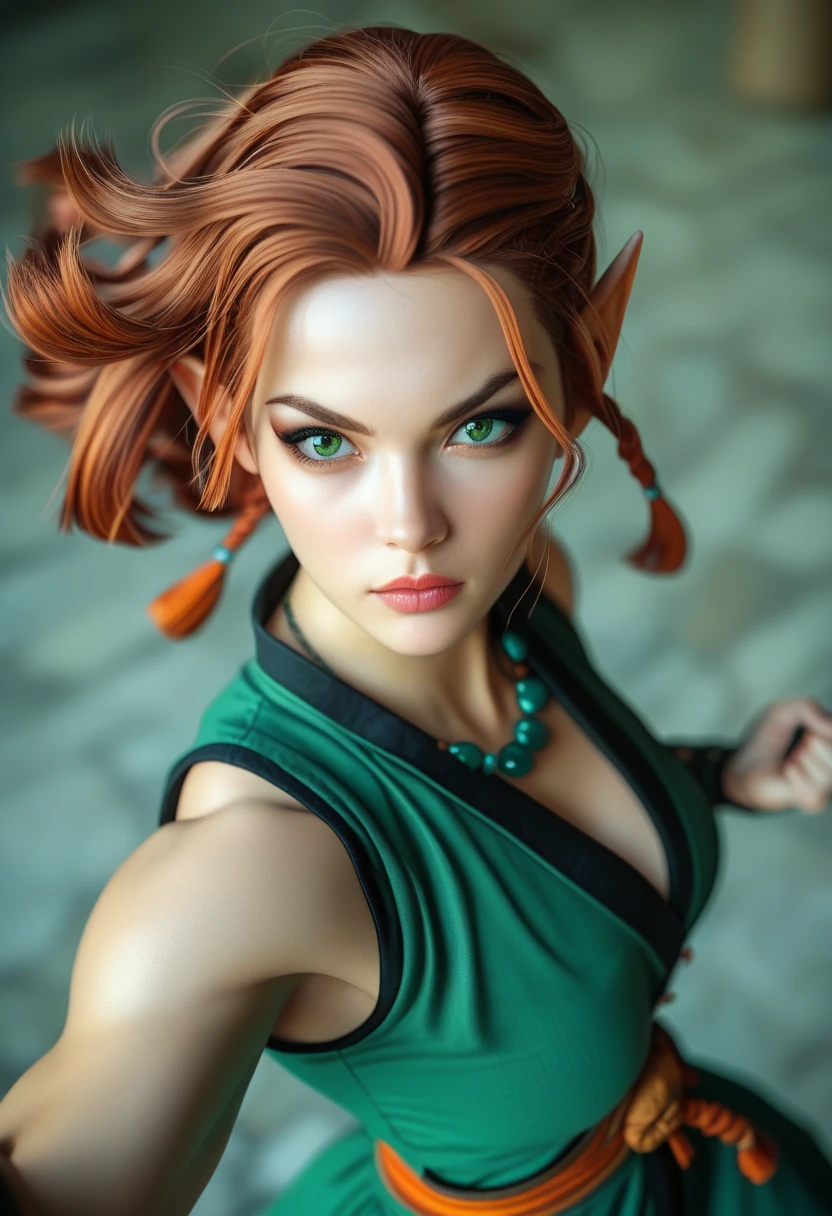 Beautiful elf female, photoreaistic, warrior monk, fair skin, (((medium copper hair))), green eyes, black eyeliner, ((medium breasts)), pointy ears, strong, fit. Wearing green chinese shirt. Japanese village background. Wearing Buddhist bead necklace. Kung fu stance. High angle view.