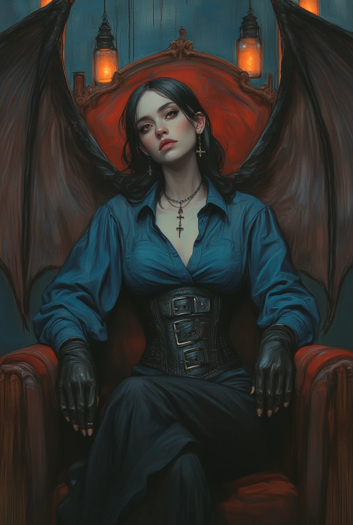 A highly detailed digital illustration, HD, 8K quality, ultra-detailed, masterpiece artwork, depicts a young woman exuding dark, gothic elegance, her pale skin and sleek black hair framing piercing red eyes that glow with demonic intensity. She wears a vivid blue button-up shirt with puffed sleeves, tightly cinched at the waist by a black leather corset adorned with intricate straps and buckles, adding a daring, fetishistic allure to her ensemble. Black leather gloves and large black cross earrings enhance her edgy aesthetic. She sits with commanding poise on a plush, red high-backed chair, its velvety texture and bold color providing a stark contrast to her dark attire. Her pose is regal, her expression one of confidence and power. Behind her, immense bat-like wings, gleaming with a metallic sheen, spread outward, their surface reflecting the dim, ambient light. The background is a dark navy blue, adding depth and mystery, while five hanging lanterns cast a warm, dim orange glow, their light flickering softly and creating ethereal highlights that dance across the scene. Shadows and subtle lighting meticulously emphasize the glossy textures of her corset, gloves, and wings, blending with the lanterns' glow to craft an ominous yet captivating atmosphere. A stunning interplay of gothic beauty and supernatural menace, this artwork captures the essence of dark elegance.