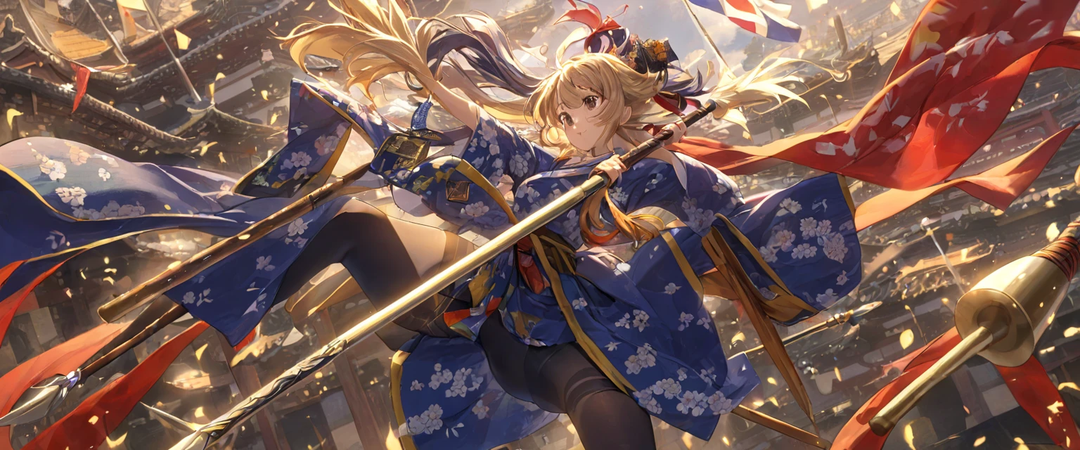 (    Very Detailed CG Octane Rendering 8K Wallpaper with Long Spears ),    the most beautiful artwork in the world   ,   A long spear with a flag emblem ,   complicated ,    high detail,  On the Hammer,,   Japanese Kimono,  Cotton Cloth ,  Strong winds, tights ,    top quality, Confusion in clothes,   Thighs,、 A flag on a long spear  、、Ramparts、 s Cotton  、  when watching the viewer Rika Akiki 
