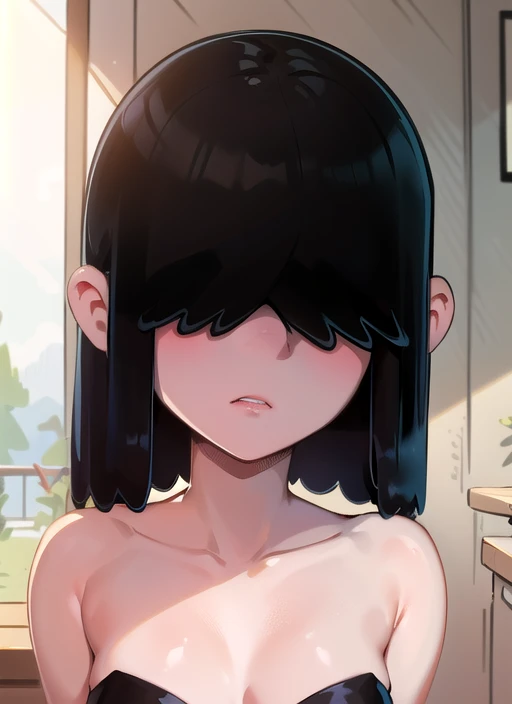 a beautiful picture of lucy loud, masterpiece, photorealistic, detailed, 4k, HDR, backlighting, bloom, light, RAW color photo, smooth skin, black hair, hair over eyes, detailed face, black dress, 