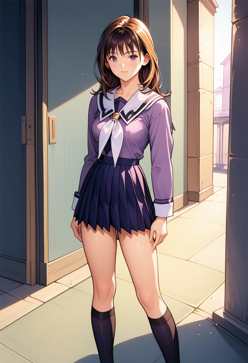  Yoshizuki Iori, 1 girl,Alone,looking at viewer,Sera Clothing,Brown Hair, long hair, absolute domain, Wanda high school uniform  ,Purple Uniform_ pleated skirt_ black thigh high socks_ white sailor color_ Long Sleeve ,score_9,score_8_up, pants in full view