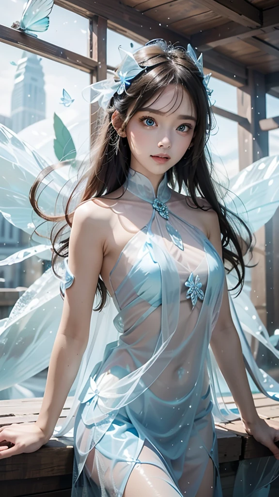 iceの女神,Frozen liquid,iceの世界,ice, 1 girl,Translucent clothing,air bubble,Blue Butterfly, blue eyes,Blue Nail,chest,positive,  the character on the right ,  upper body, Knee, dynamic pose,bubble,Blue   Butterfly Wings,  Butterfly Wings, crystals, dress,Glowing Butterfly, long hair,looking at viewer,medium chest,Open lips,Alone,water