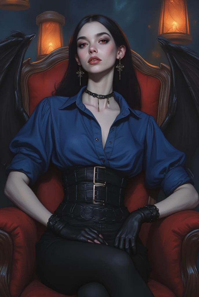 A highly detailed digital illustration, HD, 8K quality, ultra-detailed, masterpiece artwork, depicts a young woman exuding dark, gothic elegance, her pale skin and sleek black hair framing piercing red eyes that glow with demonic intensity. She wears a vivid blue button-up shirt with puffed sleeves, tightly cinched at the waist by a black leather corset adorned with intricate straps and buckles, adding a daring, fetishistic allure to her ensemble. Black leather gloves and large black cross earrings enhance her edgy aesthetic. She sits with commanding poise on a plush, red high-backed chair, its velvety texture and bold color providing a stark contrast to her dark attire. Her pose is regal, her expression one of confidence and power. Behind her, immense bat-like wings, gleaming with a metallic sheen, spread outward, their surface reflecting the dim, ambient light. The background is a dark navy blue, adding depth and mystery, while five hanging lanterns cast a warm, dim orange glow, their light flickering softly and creating ethereal highlights that dance across the scene. Shadows and subtle lighting meticulously emphasize the glossy textures of her corset, gloves, and wings, blending with the lanterns' glow to craft an ominous yet captivating atmosphere. A stunning interplay of gothic beauty and supernatural menace, this artwork captures the essence of dark elegance.