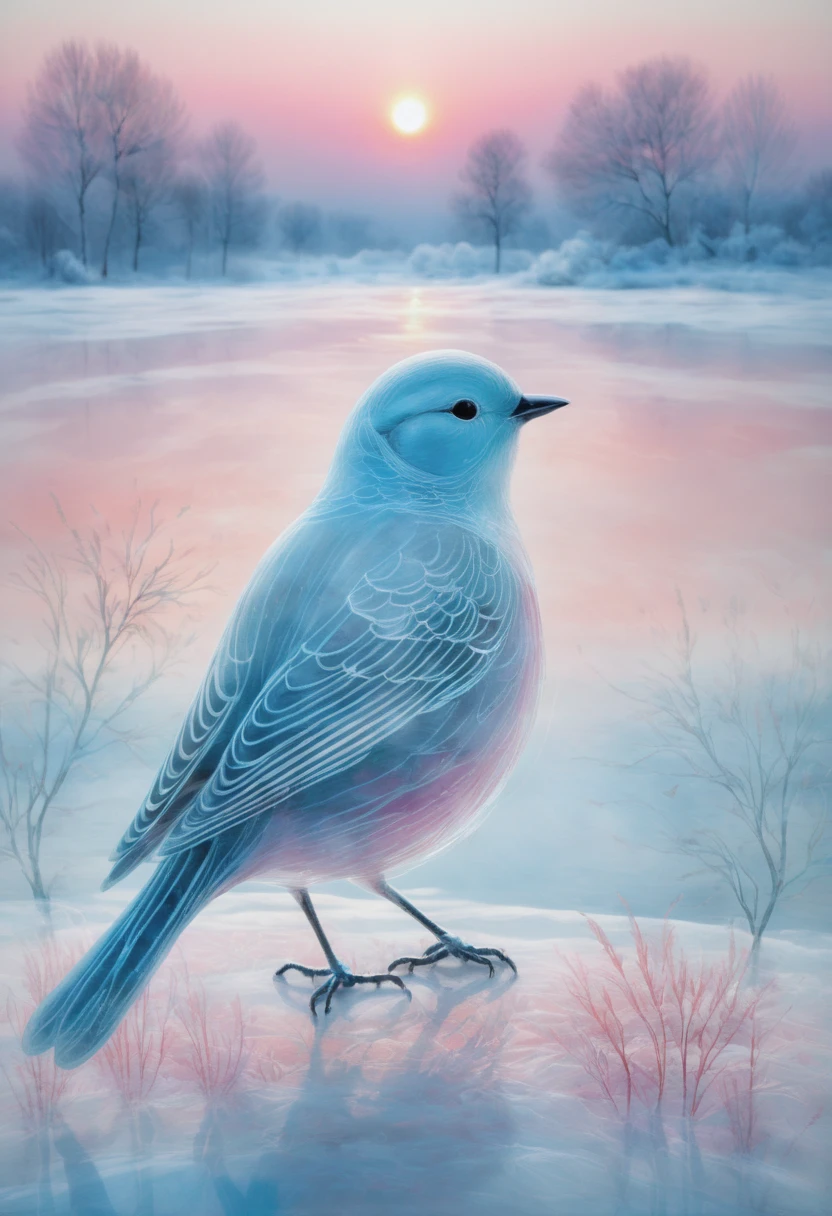  frosty frost painting on glass transparent bird in silver on glass.  behind the glass, a pink dawn 