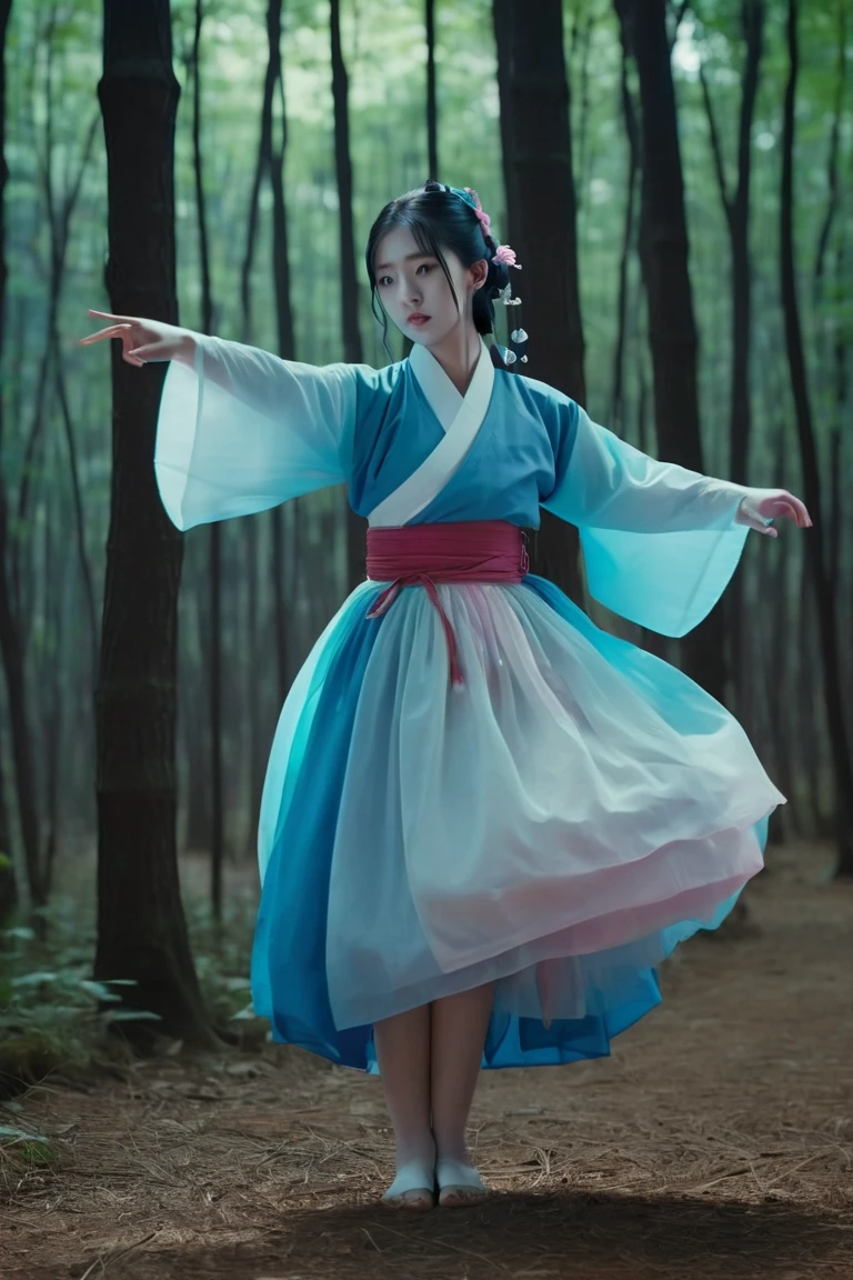 A Chinese 8-year-old girl,ancient wind,Martial arts style,bamboo forrest,The sword,A gentle breeze ruffles the hair,autumnal,falling leaf