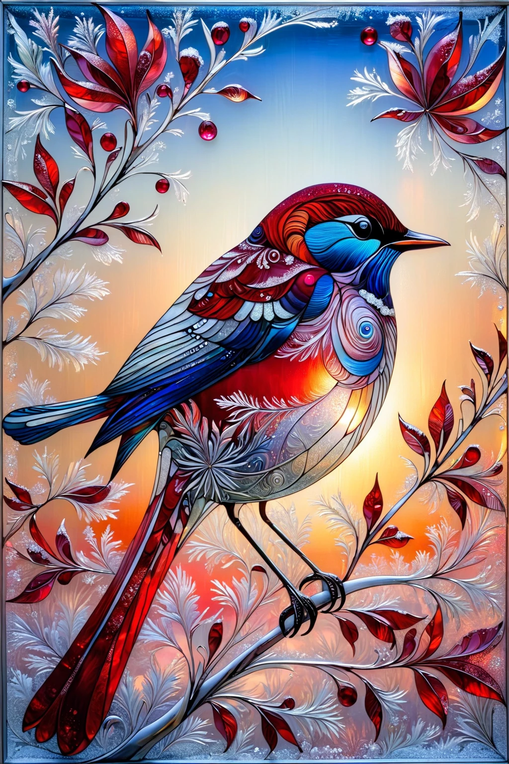 frosty frost painting on glass transparent bird in silver on glass

 behind the glass is a crimson dawn