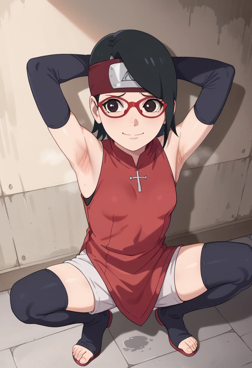 score_9, score_8_アップ, score_7_アップ, 1 girl,from above,nsfw,hughres,short hair,red frame glasses,dark eyes,black hair,worried expression ,smile，headband, red sleeveless dress, detached sleeves, shorts, thighhighs, toeless shoes ,small breasts In a dimly lit alley,Armpit,Armpit wrinkles,Armpit smell,Armpit juice,arms up,stretch,pubic hair, underhair, nudes, squats,,