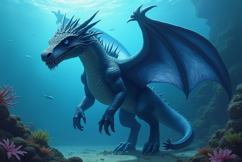 Title: Dragon of the Deep Sea and Primeval WatersAttributes: Acheleon is the god of the oceans and waters. Represents fluidity, adaptability and depth of secrets.Physical appearance: A colossal dragon with navy blue scales and sapphire eyes. Its wings are adorned with algae and corals.Symbols: Life day, the trident, the dolphin.