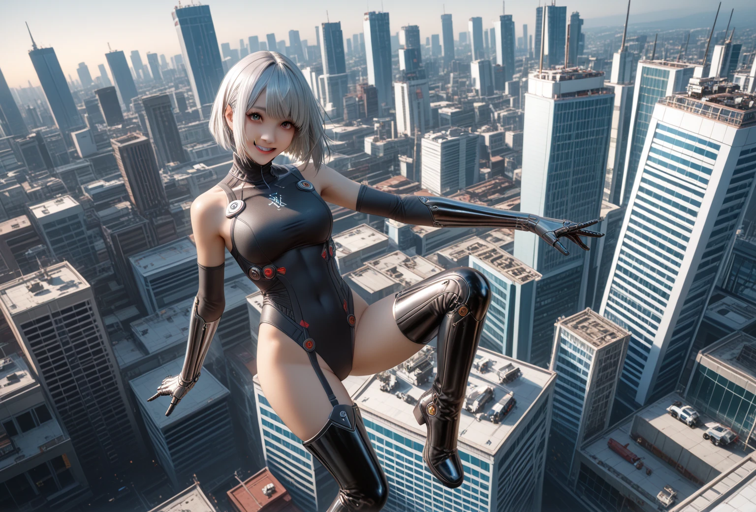 a woman sits on a ledge above the city, anime girl in real life, anime girl cosplay, sitting on the roof of a skyscraper, soaring above a dense city, Over the city, anime-style, mixed with Fujifilm, Kantai style collection, 2p, Sitting on the roof, 2 p, very detailed shot of the giantess, cosplay photo, white hair floats in the air
