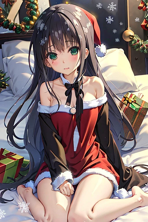  viewers of the pin, One Eそしてe Closed ,sleepそして look after intercourse,  sitting in bed ,break(christmas snow:1.5),(( Christmas Costumes:1.5),( off shoulder :1.3),(Sleeves past finger :1.3),Santa hat), miniskirt,{ shirt showing chest },{Upskirt},  buttocks are visible,barefoot,the above,Beautiful legs,Perfect legs