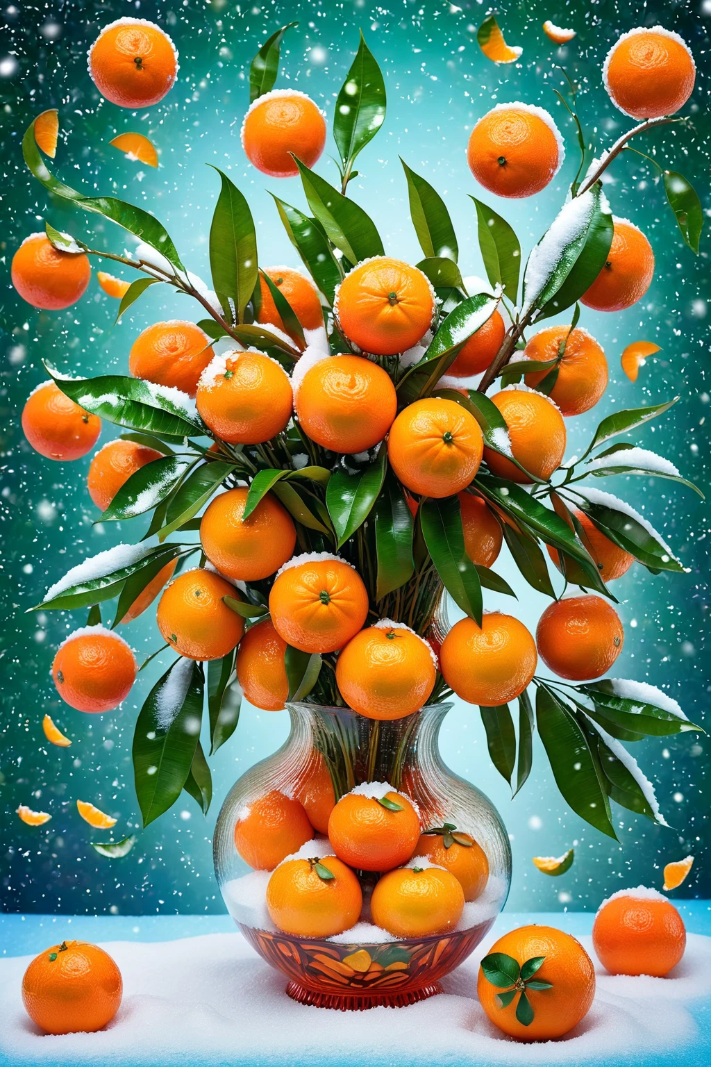 🎉🎊🎋🎇🎉🎈✨🎊🎋🎁🎀🎗️
multiple exposure,  in the snow, a vase of tangerines  ,🍊,around the vase, candy  ,на фоне ёлочки 🌲  
красиво эстетично реалистично,oil,
professional photo,   fantasy, UltraHD,, HDR