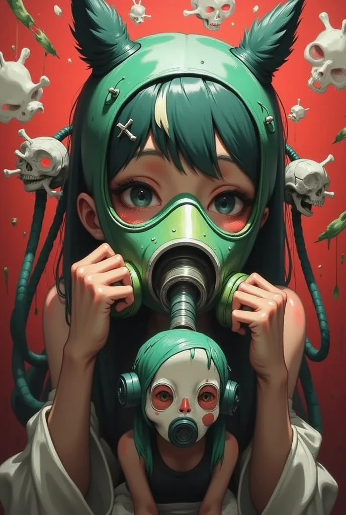 「 A Girl in a Cute Animal Costume and a Gas Mask」A logo design that says、horroor logo image、High contrast in red and green、Calligraphy、skull,A woman with a full-body image,Penis growing out of a gas mask 、Dildos- 、 A long tubular penis is wrapped around the body