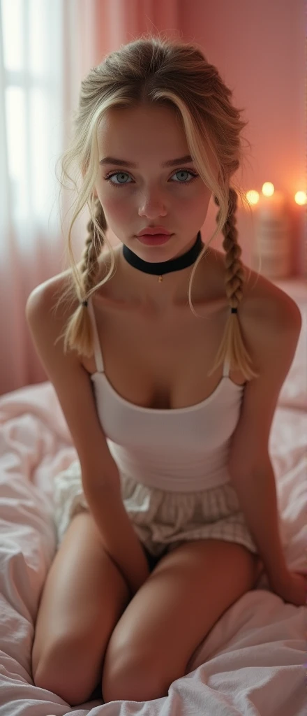 best qualityer, ultra detaild, bright coloured, foreshortening, Depth of field, from above view, looking straight at me, a young teenager, comely, blond, 2 braids, black bandana in hair, eyes browns, large and firm breasts, completely naked, sitting on your knees, the bottom is a dark alley, garbage bin, ultra low light, natta, she is very thin, your face is thin and sad backlighting, film grain, clair obscur, depth of field, cinematic lighting, 16K, super detail, uhd, textured skin, award winning