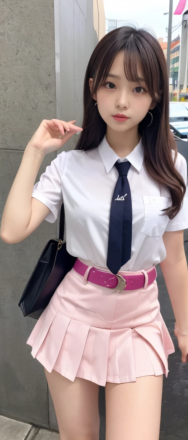  pure idol girl、、Thick legs、、Cool Belt、shiny pink pleated miniskirt、 shirt with tie、、Good style、A pure girl&#39;s face