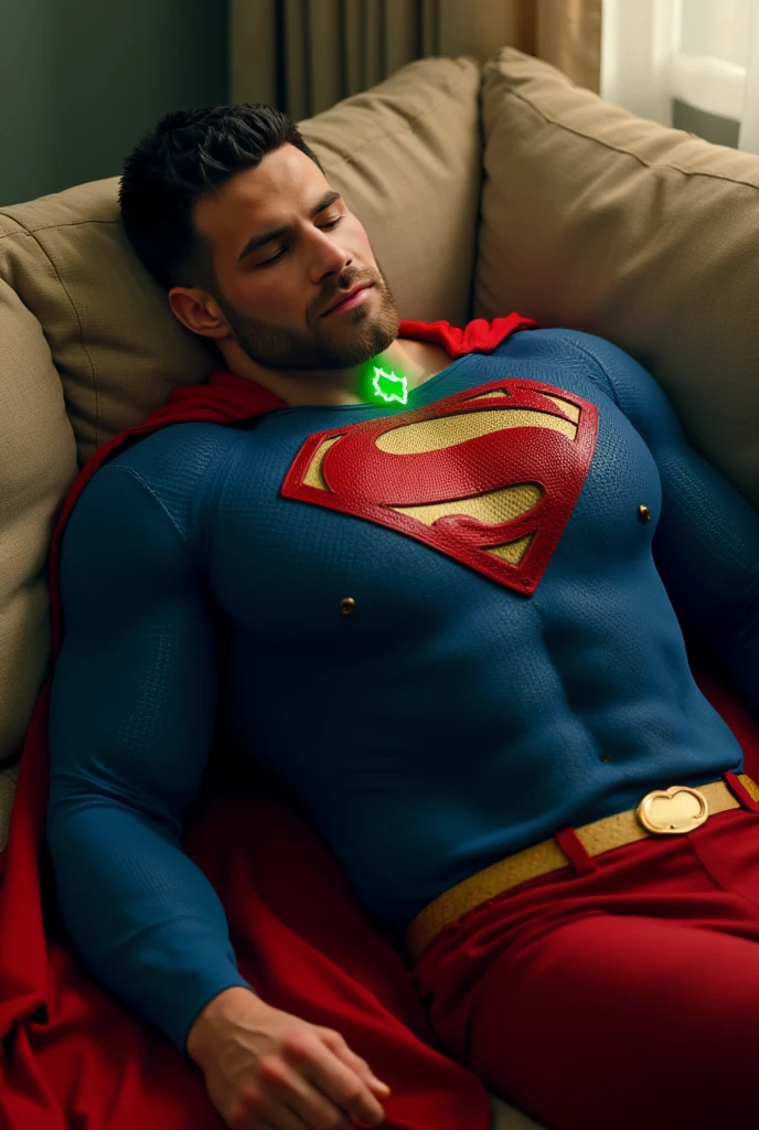 p4yn3. wearing a blue Superman costume, Superman suit, His chest displays the iconic "S" symbol. Superman's traditional red cape is present, attached to the shoulder and flowing behind him, lies on a sofa at home, pained facial expression, almost unconscious, eyes closed, a glowing emerald green crystal pendant hanging around his neck,