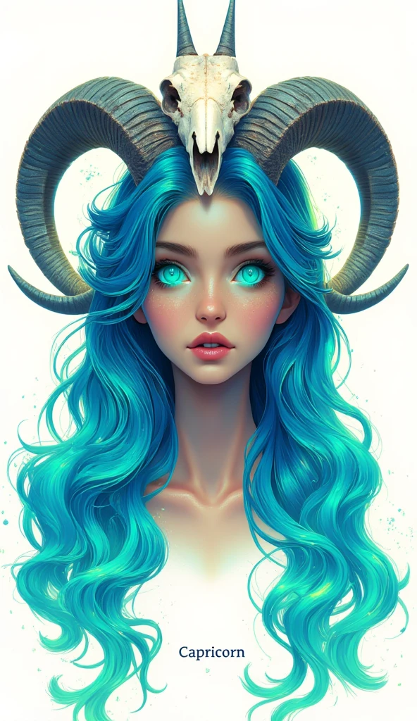 (Masterpiece, Ultra-detailed, Stylized Illustration, Vibrant Colors, Cinematic Quality, 8k resolution), (Portrait of a Capricorn zodiac woman with an ethereal and mysterious aura:2.0), (Long, flowing turquoise blue hair with dark gray shadows, harmoniously blending together to create a striking visual effect:2.0), (Hair has light waves and a slightly messy, natural look, falling gracefully a little below the shoulders:1.8), (Above her head, two prominent pairs of ram's horns, designed with intricate textures, reflecting light with a faint turquoise hue, creating a mystical appearance:2.0), (A ram's skull resting on top of her head, adding a bold, symbolic touch tied to the Capricorn archetype:1.8), (Her eyes are vibrant turquoise, glowing with an intense and captivating brilliance:2.0), (Lips painted in a turquoise shade matching her hair, enhancing the cohesive and bold color palette:1.6), (Skin tone is a luminous golden-brown, with a radiant, sun-kissed effect that emphasizes her natural beauty:2.0), (Freckles lightly dusting her nose and cheeks, adding charm and character to her features:1.5), (Plain white background to focus attention on her intricate design and details:1.4), (The word "Capricorn" written in a clean, elegant font below the portrait, subtly reflecting her poised and grounded personality:1.2).