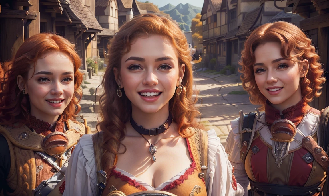 fantasy, realistic. close up. ((bright color palette:1.5)). ((red-haired:1.5)), ((one classy stunning gorgeous female high-class bard:1.5)), ((light brown eyes:1.5)), ((happy smiling beautiful expression:1.5)), wearing expensive feminine clothing, holding a lute, ((looking straight at the camera:1.5)), colorful village background.