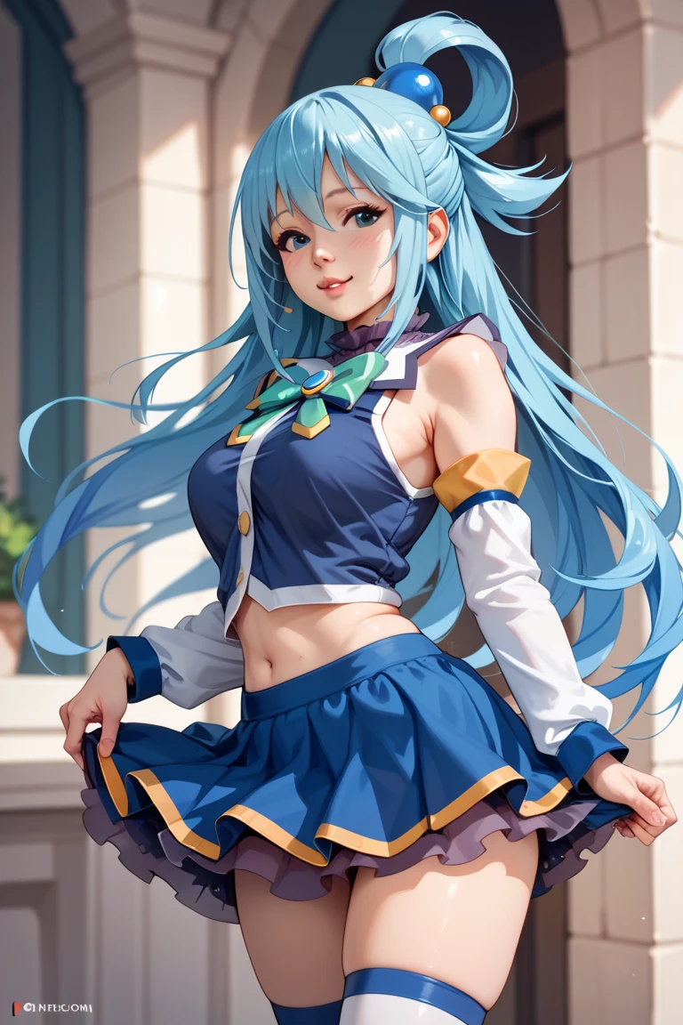 、anime screen cap、Anime coloring、1girl in, length hair, 独奏, blue hairs, blue eyess, open open mouth, Sleeve launched, plein air, skirt by the, thighs thighs thighs thighs,,Naughty big、Big breasts emphasis 、hair rings, Skysky, tag, hair adornments, clouds, the bow, blue open sky, a blue skirt, green bow, bare shoulders、A smile、(skirt rift:1.3),(white panties:1.3)
